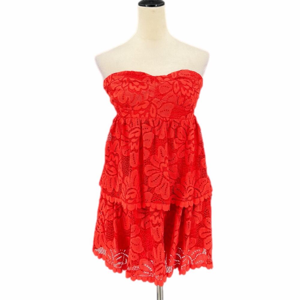 Maeve Anthropologie Red Lace Strapless Tiered Romantic Boho Chic Mini Dress